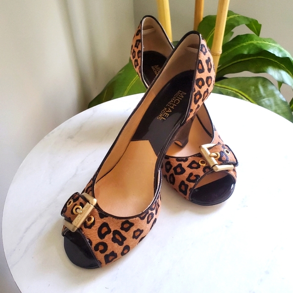 Michael Kors Animal Print Leopard Open Toe Heels With Buckles Size 9M - Picture 14 of 14